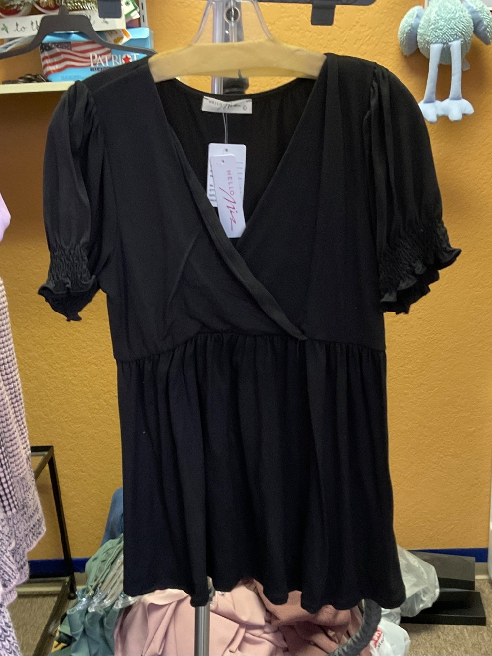 Hello MIZ Black Smocked Sleeve Wrap Top